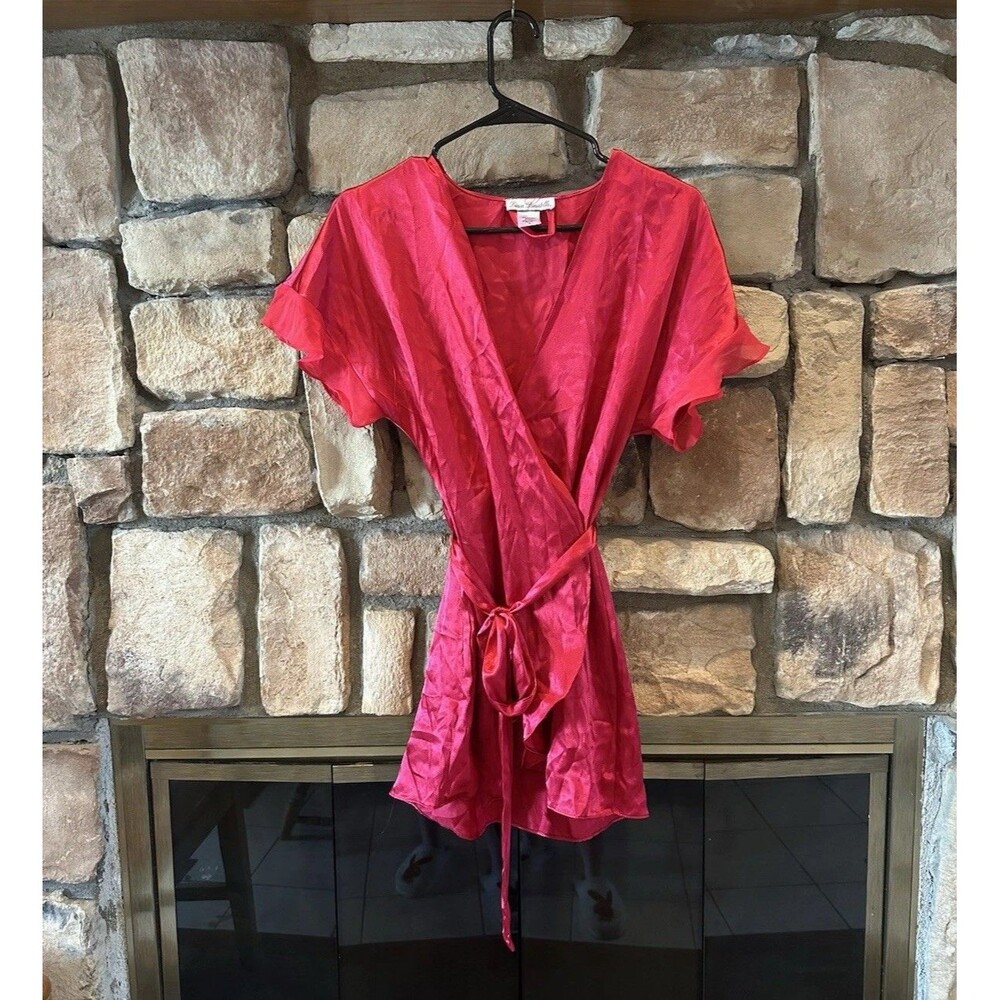 VTG Y2K Linea Donatella Robe Lingerie Red Tie Ribbon Short Sleeve Ruffle S Satin
